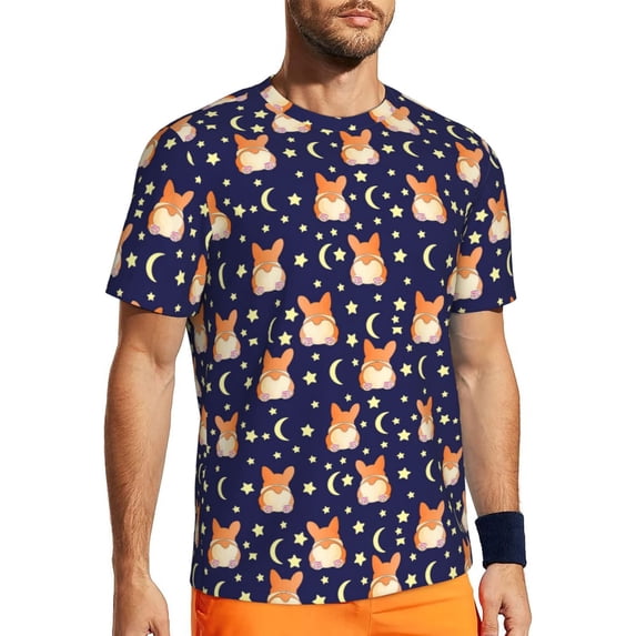 Wukai Corgi Lying With Moons And Stars Print Men's Short-Sleeved Mesh T-Shirt,Quick-Dry Short Sleeve Workout T-Shirt-Small
