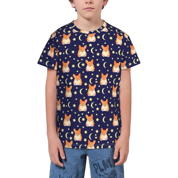 Wukai Corgi Lying With Moons And Stars Youth Unisex Short Sleeve T-Shirt for Boys, Girls, Teens, and Kids-Large