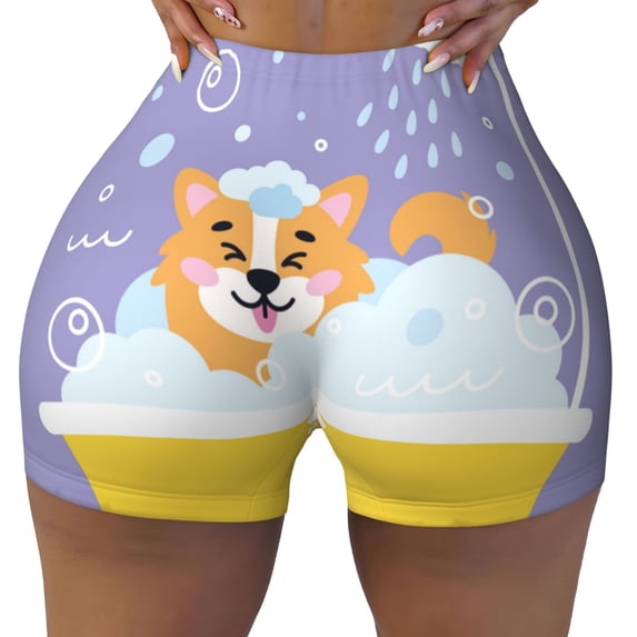 Wukai Corgi Washing in Bathtub Print Pack Biker Shorts for Women Yoga Workout Gym Running Scrunch Active Shorts-Large