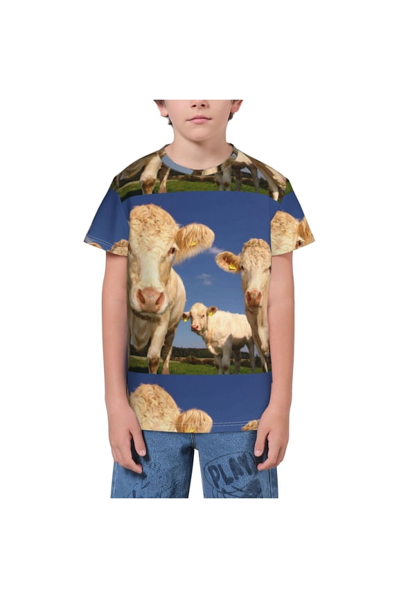 Cows Cattles Youth Unisex Short Sleeve T-Shirt for Boys, Girls, Teens, and Kids-Large