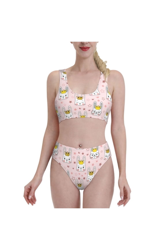 Womens High Waisted Bikini Sets Two Piece Swimsuit Queen For Rabbit Print Tummy Control Bathing Suit-Large