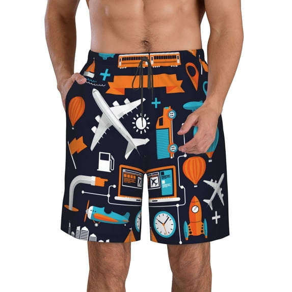 Wukai Creative Transport Print Beach Trunks with Compression Liner Swimsuit Quick Dry Beach Sports Shorts with Pocket-X-Large