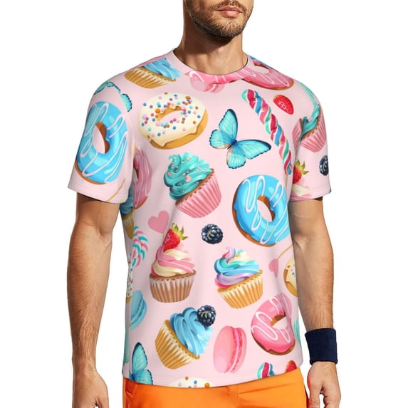 Wukai Cupcakes and Donuts Print Men's Short-Sleeved Mesh T-Shirt,Quick-Dry Short Sleeve Workout T-Shirt-X-Large