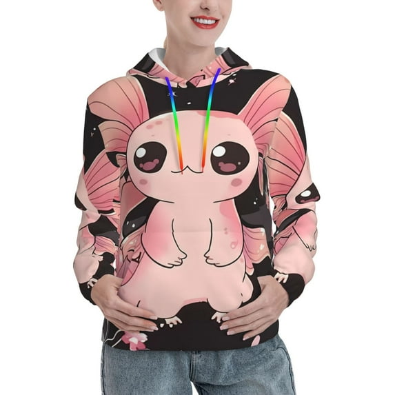 Wukai Cute Axolotl Sakura Blossoms B Print Womens Hoodies Fleece Sweatshirts Long Sleeve Sweaters Pullover Fall Outfits Winter Clothes-Small