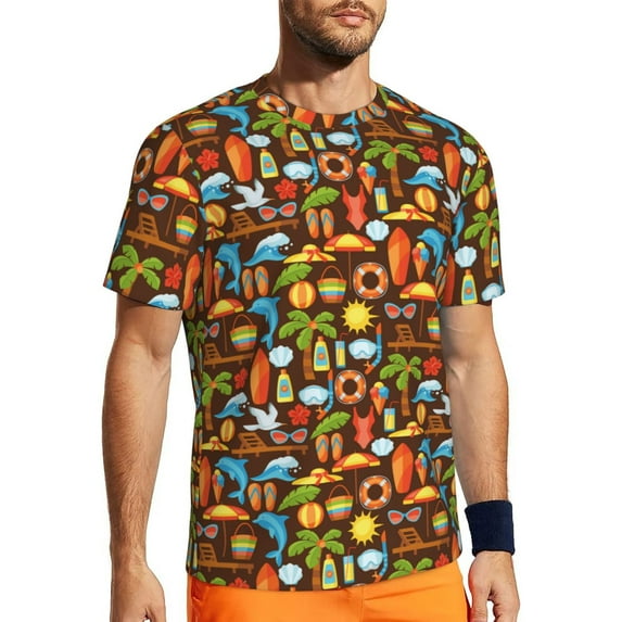 Wukai Cute Beach Dolphin Print Men's Short-Sleeved Mesh T-Shirt,Quick-Dry Short Sleeve Workout T-Shirt-X-Small