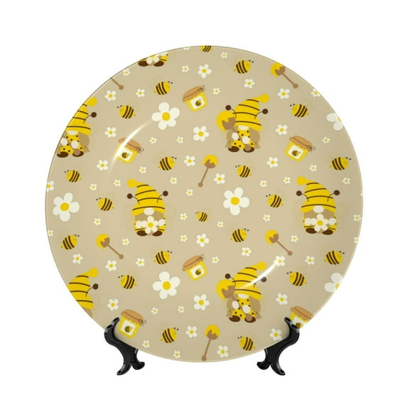 Wukai Cute Bee Gnome 2 Print Decorative Plate for Display,Bone China Decorative Plate, Ceramic Dinner Plate with Stand, Vertical Ceramic Plate-6in
