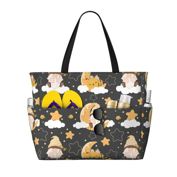Wukai Cute Bee Gnome Print Zipper Bag,large Beach Tote Bag,Waterproof Sandproof Bag,Grocery and Picnic Tote Travel Bag