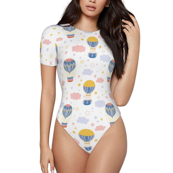 Naloa Hot Air Balloon Women's Short-Sleeved Onesie, One-Piece Swimsuit for Parties, dates, clubs - Small