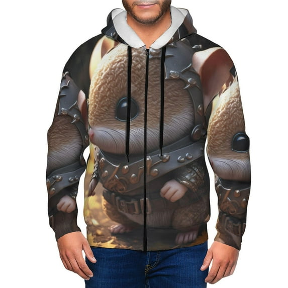 Wukai Cute Big-Eared Mouse Print Men's Zip-Up Hoodie,Fleece Full-Zip Hoodie for Men, Hooded Sweatshirt-Small