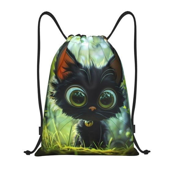 Wukai Cute Big-Eyed Black Cat Drawstring Backpack Bag Sport Gym Sackpack Large Size String Backpack Cinch for Women Men-Medium