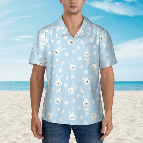 Wukai Cute Bunny Men's Hawaiian Shirt Short Sleeve Casual Button Down Summer Beach Aloha Shirt Tropical Print Holiday Party