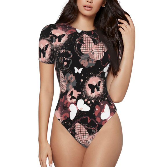 Naloa Butterfly Women's Short-Sleeved Onesie, One-Piece Swimsuit for Parties, dates, clubs - X-Large