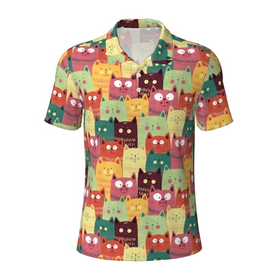 Wukai Cute Cartoon Cat Men’s Polo Shirts,Quick-Dry Athletic Shirt,Classic Fit Shirts-Small