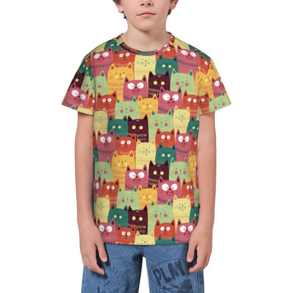 Wukai Cute Cartoon Cat Youth Unisex Short Sleeve T-Shirt for Boys, Girls, Teens, and Kids-Small