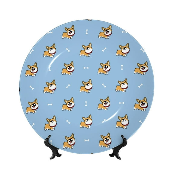 Wukai Cute Cartoon Corgi Print Decorative Plate for Display,Bone China Decorative Plate, Ceramic Dinner Plate with Stand, Vertical Ceramic Plate-8in