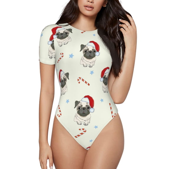 Naloa Christmas Pug Dog Women's Short-Sleeved Onesie, One-Piece Swimsuit for Parties, dates, clubs - XX-Large