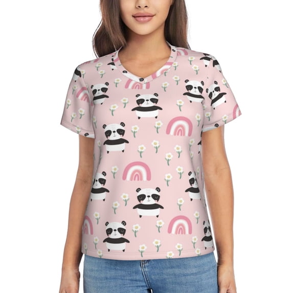 Wukai Cute Cartoon Panda Classic V-Neck T-Shirt for Women: Comfortable, Stylish, and Versatile Wardrobe Essential-Large