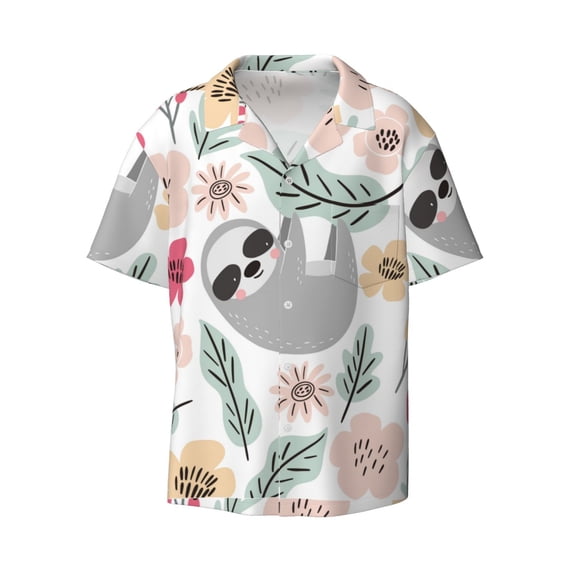 Wukai Cute Cartoon Sloth Men's Casual Short-Sleeve Button Down Shirt - Lightweight Summer Dress Shirt for Daily Wear-Large