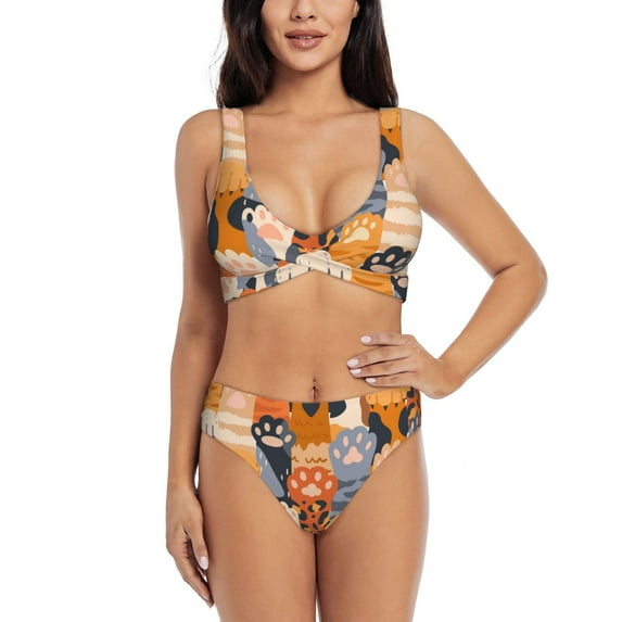 Wukai Cute Cat Paw Women's Bikini Set Two Piece,wimsuit High Waisted V Neck Twist Front Adjustable Spaghetti Straps Bathing Suit-Small