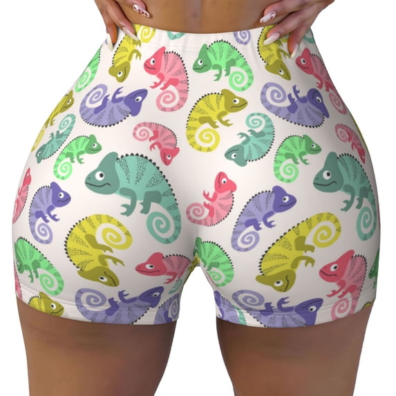 Wukai Cute Chameleons Print Pack Biker Shorts for Women Yoga Workout Gym Running Scrunch Active Shorts-Medium