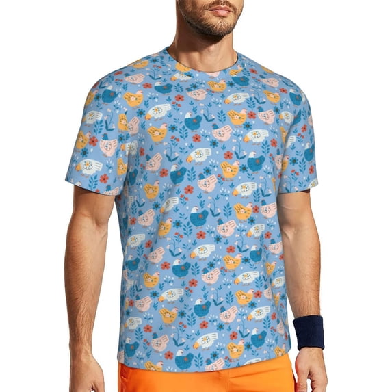 Wukai Cute Chickens and Flowers Print Men's Short-Sleeved Mesh T-Shirt,Quick-Dry Short Sleeve Workout T-Shirt-5X-Large