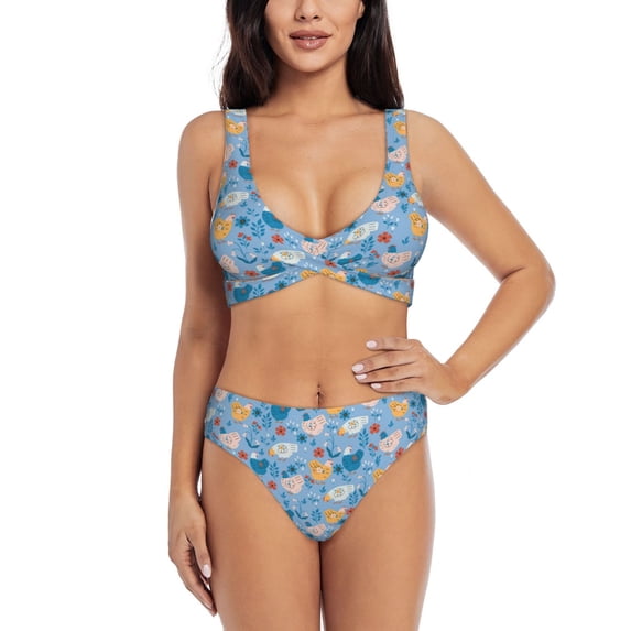 Wukai Cute Chickens and Flowers Women's Bikini Set Two Piece,wimsuit High Waisted V Neck Twist Front Adjustable Spaghetti Straps Bathing Suit-Large
