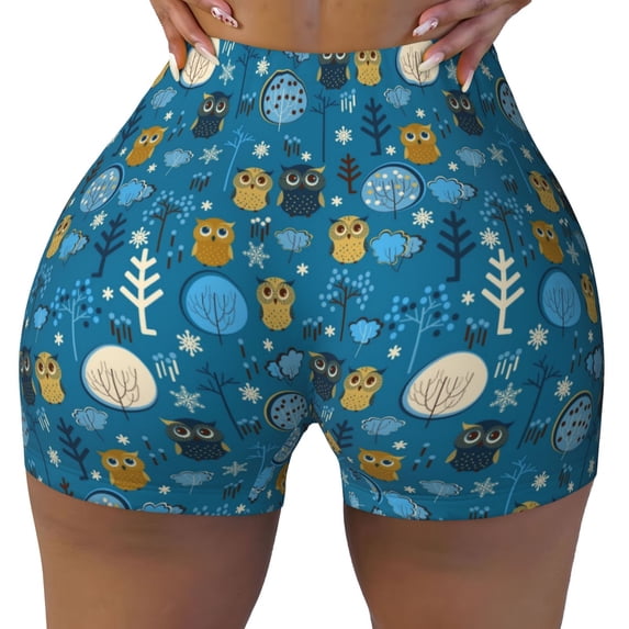 Wukai Cute Colorful Owls And Trees Print Pack Biker Shorts for Women Yoga Workout Gym Running Scrunch Active Shorts-X-Large