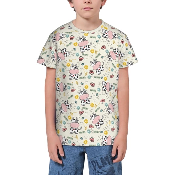 Wukai Cute Cow Youth Unisex Short Sleeve T-Shirt for Boys, Girls, Teens, and Kids-Large