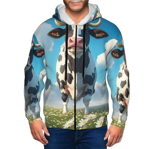 Wukai Cute Daisy Cow A Print Men's Zip-Up Hoodie,Fleece Full-Zip Hoodie for Men, Hooded Sweatshirt-3X-Large