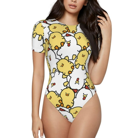 Naloa Cartoon Chicken Women's Short-Sleeved Onesie, One-Piece Swimsuit for Parties, dates, clubs - Large