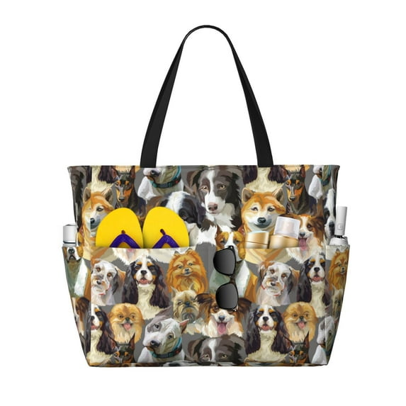 Wukai Cute Dog Print Zipper Bag,large Beach Tote Bag,Waterproof Sandproof Bag,Grocery and Picnic Tote Travel Bag