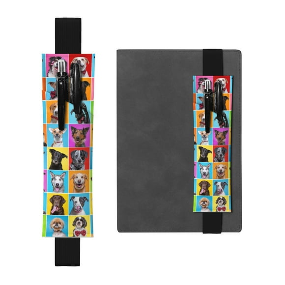 Wukai Cute Dogs Collage Adjustable Elastic Band Leather Pen Holder,Pencil Holder,Pen Sleeve Pouch for Notebooks,Planners,and Books