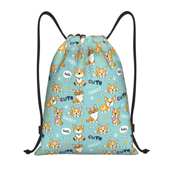 Wukai Cute Dogs Corgi Drawstring Backpack Bag Sport Gym Sackpack Large Size String Backpack Cinch for Women Men-Small