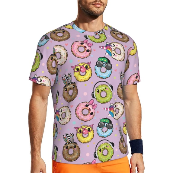 Wukai Cute Donuts Print Men's Short-Sleeved Mesh T-Shirt,Quick-Dry Short Sleeve Workout T-Shirt-X-Small