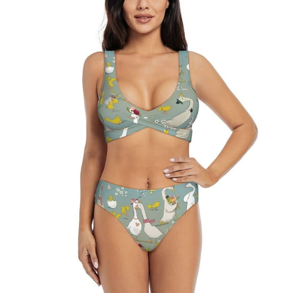 Wukai Cute Farm Birds Women's Bikini Set Two Piece,wimsuit High Waisted V Neck Twist Front Adjustable Spaghetti Straps Bathing Suit-Small