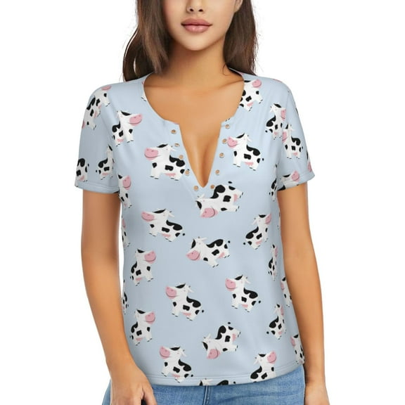 Wukai Cute Farm Cow Casual V-Neck Graphic Tees for Women: Lightweight and Breathable Summer Tops with Stylish Design-XX-Large