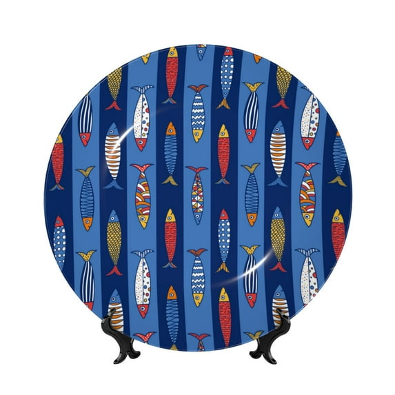 Wukai Cute Fish Print Decorative Plate for Display,Bone China Decorative Plate, Ceramic Dinner Plate with Stand, Vertical Ceramic Plate-10in