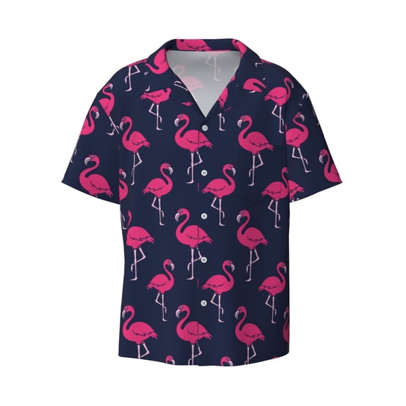 Wukai Cute Flamingo Men's Casual Short-Sleeve Button Down Shirt - Lightweight Summer Dress Shirt for Daily Wear-Medium