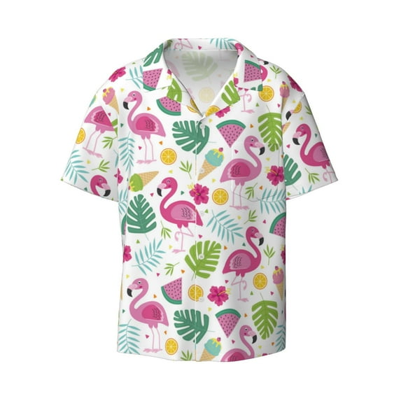 Wukai Cute Flamingo Men's Casual Short-Sleeve Button Down Shirt - Lightweight Summer Dress Shirt for Daily Wear-Small
