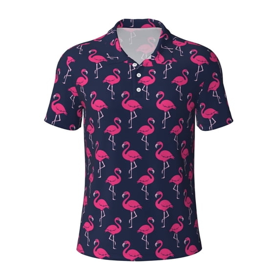 Wukai Cute Flamingo Men’s Polo Shirts,Quick-Dry Athletic Shirt,Classic Fit Shirts-3X-Large