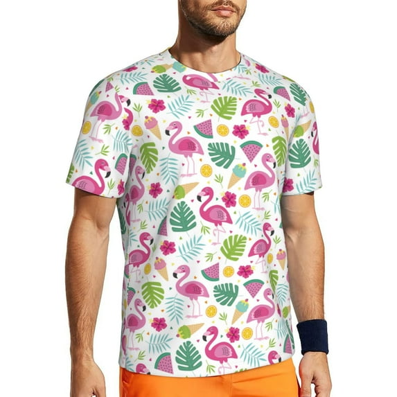 Wukai Cute Flamingo Print Men's Short-Sleeved Mesh T-Shirt,Quick-Dry Short Sleeve Workout T-Shirt-X-Large