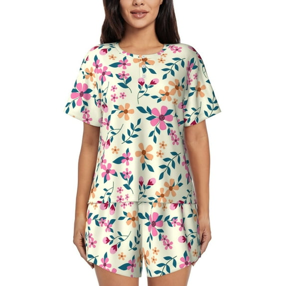 "Wukai Cute Flower Women's Pajama Set - Short-Sleeve Top and Shorts with Elastic Waistband and Pockets for Loungewear, Yoga, and Casual Wear-