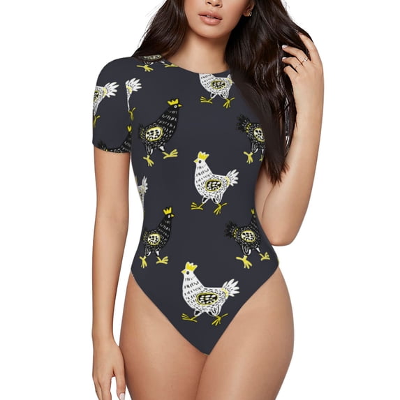 Naloa Cartoon Rooster Women's Short-Sleeved Onesie, One-Piece Swimsuit for Parties, dates, clubs - Small