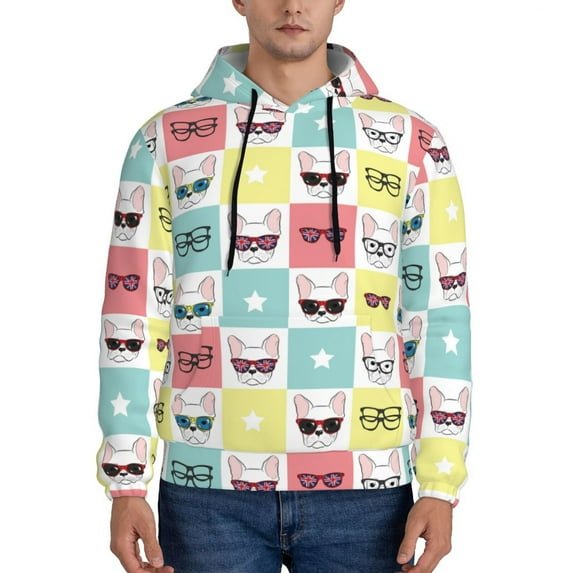 Wukai Cute French Bulldog Print Men Hoodies Fleece Sweatshirts Long Sleeve Sweaters Pullover Fall Outfits Winter Clothes-XX-Large