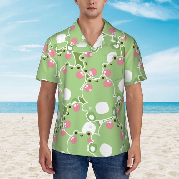 Wukai Cute Frog2 Men's Hawaiian Shirt Short Sleeve Casual Button Down Summer Beach Aloha Shirt Tropical Print Holiday Party