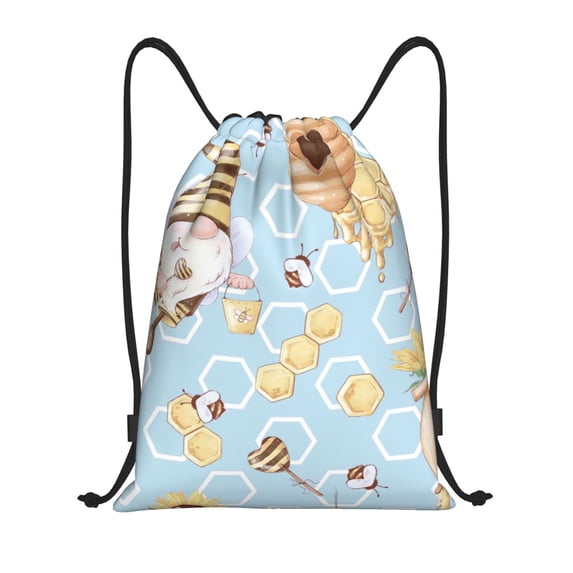 Wukai Cute Gnome Bee Collects Honey Drawstring Backpack Bag Sport Gym Sackpack Large Size String Backpack Cinch for Women Men-Small