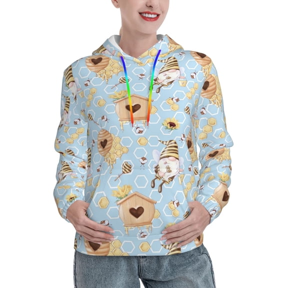 Wukai Cute Gnome Bee Collects Honey Print Womens Hoodies Fleece Sweatshirts Long Sleeve Sweaters Pullover Fall Outfits Winter Clothes-X-Large