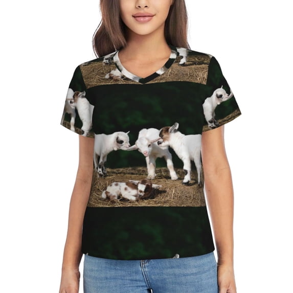 Wukai Cute Goat Baby Classic V-Neck T-Shirt for Women: Comfortable, Stylish, and Versatile Wardrobe Essential-3X-Large