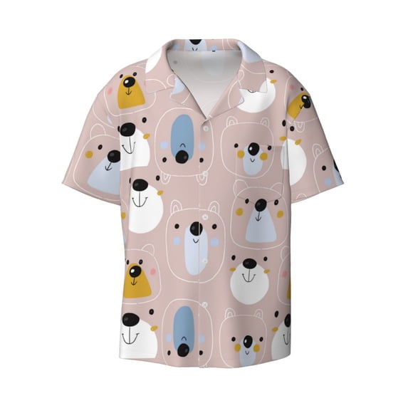 Wukai Cute Hand Drawn Bear Men's Casual Short-Sleeve Button Down Shirt - Lightweight Summer Dress Shirt for Daily Wear-4X-Large