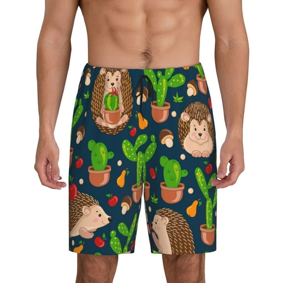 Wukai Cute Hedgehogs Cactus Blue Men’s Short Pajama Pants With Pockets Soft Sleep Pj Shorts for Men-Large